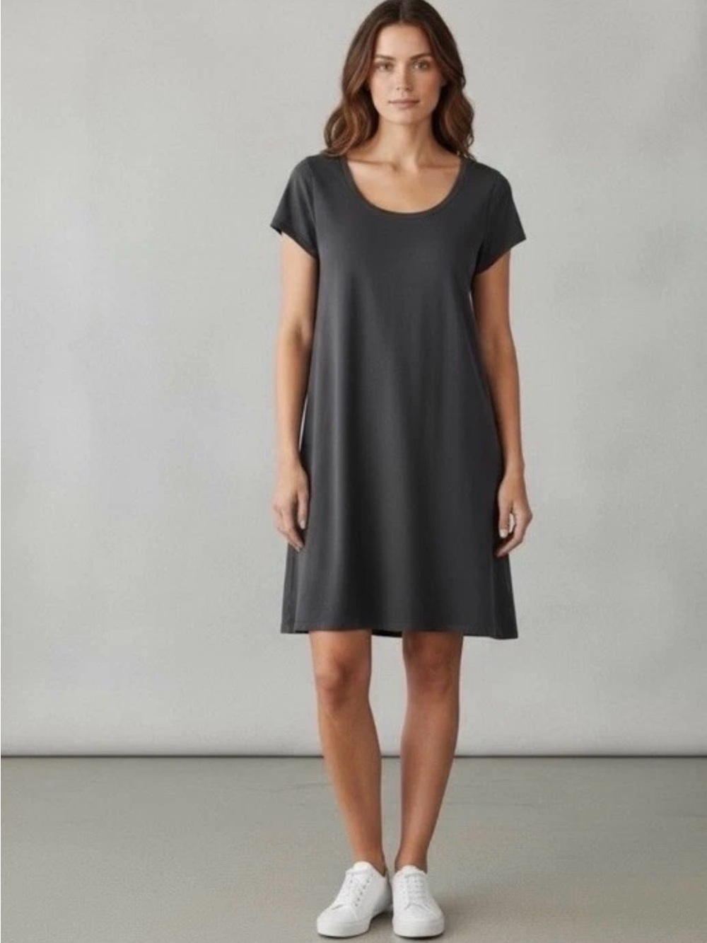 EILEEN FISHER Gray Organic Cotton Round Neck T-Shirt Shift Dress Size Medium
